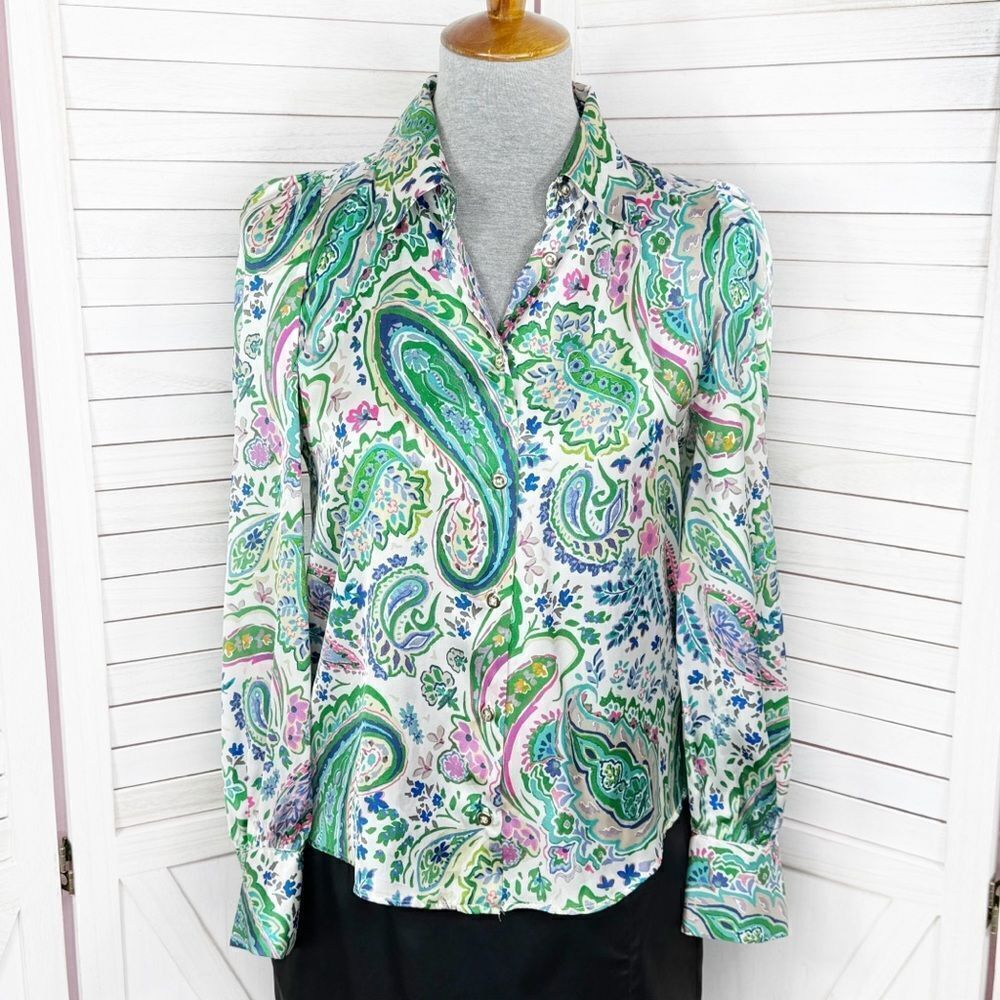 Zara Paisley‎ Satin Button Up Blouse White Multi Small